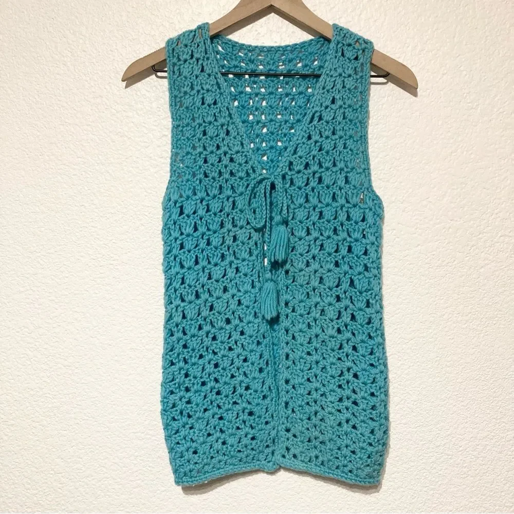 Vintage Handmade Open Sweater Vest Tie Front Knitted Small